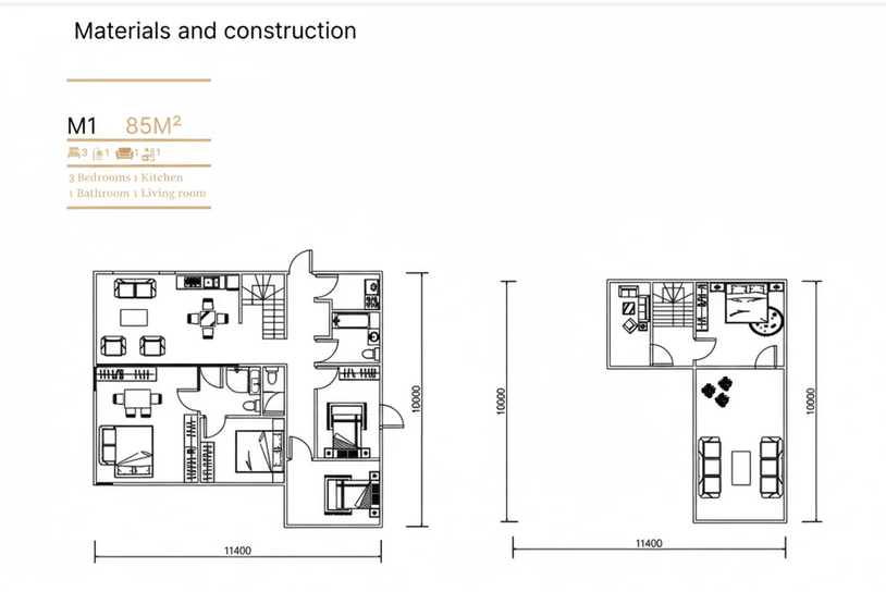 Zelus Luxury Villa M1 architectural floor plan — 85 m², 3 bedrooms